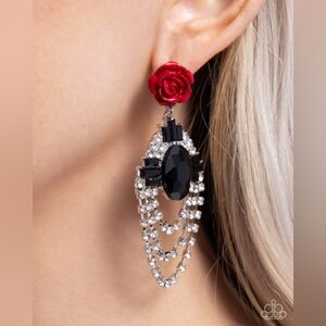Elegant Black and Red Rose Drop Earrings